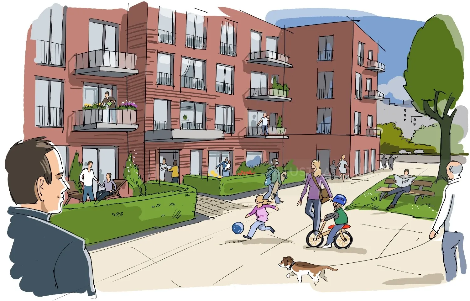 Community scene with people and children playing outside a red brick residential building by Björn 