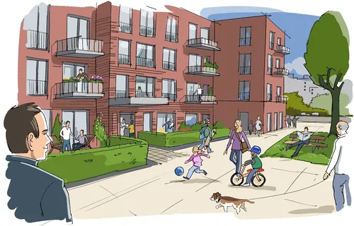 Community scene with people and children playing outside a red brick residential building by Björn 