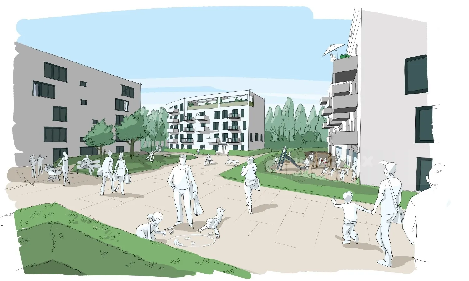 Residential housing complex with people and dogs, artwork by Björn von Schlippe