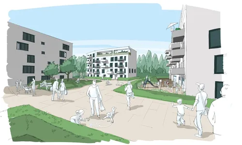 Residential housing complex with people and dogs, artwork by Björn von Schlippe