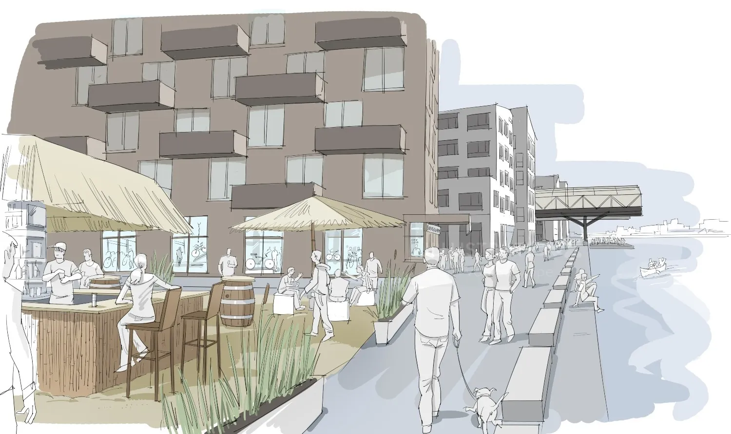 Outdoor seating area by waterfront with people and umbrellas by Björn von Schlippe