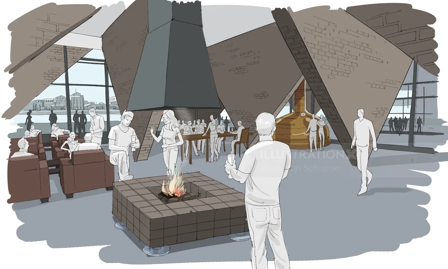Modern interior with a fireplace and human figures, artwork by Björn von Schlippe