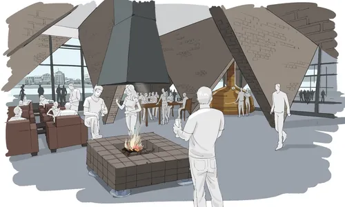 Modern interior with a fireplace and human figures, artwork by Björn von Schlippe