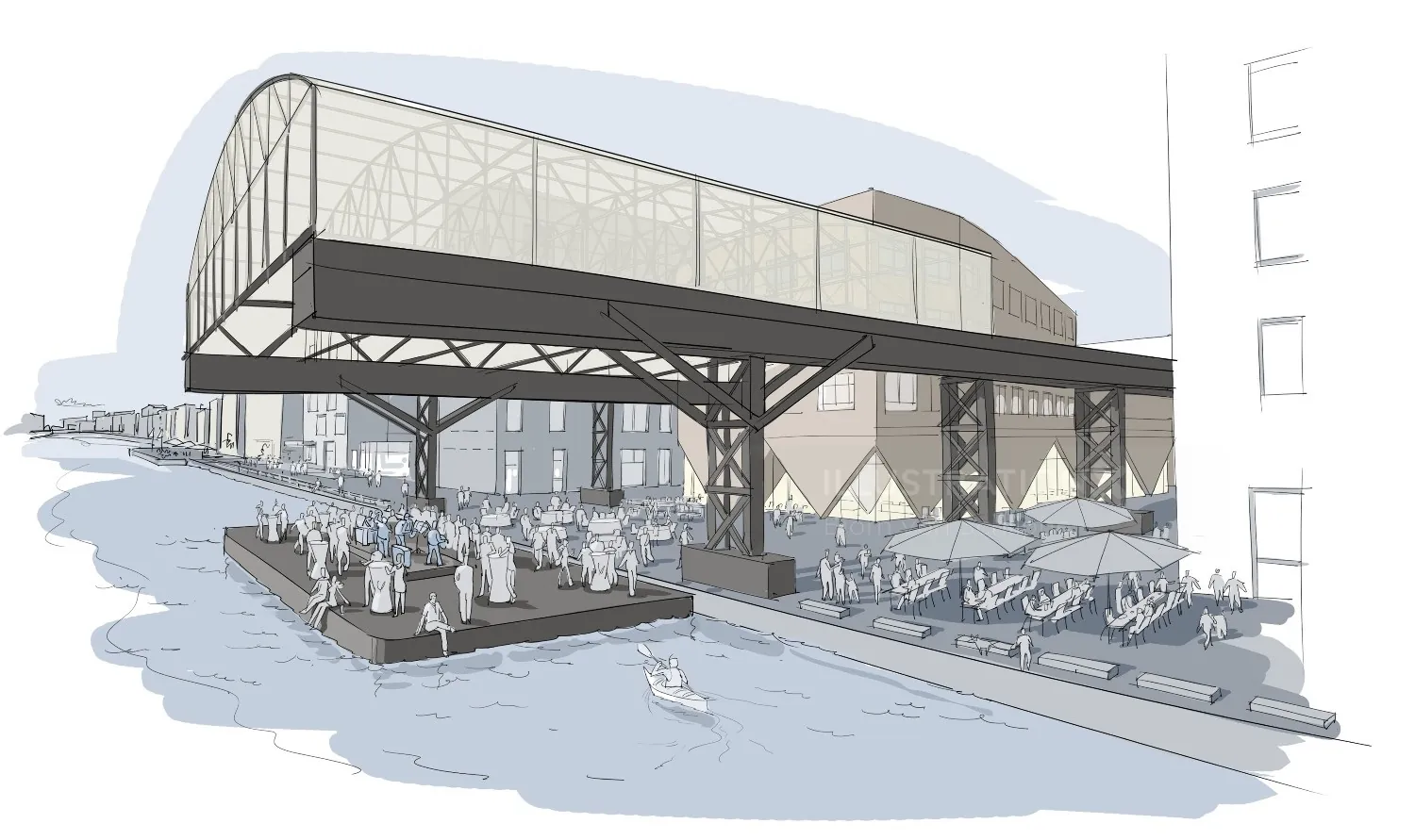 Architectural rendering of waterfront pavilion with outdoor seating by Björn von Schlippe