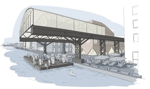 Architectural rendering of waterfront pavilion with outdoor seating by Björn von Schlippe