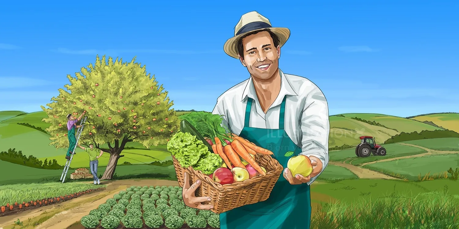 Farmer holding basket of fresh vegetables in field by Björn von Schlippe