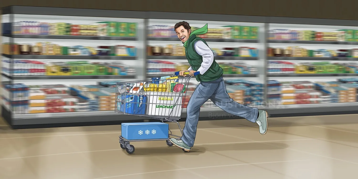 Man pushing shopping cart in supermarket aisle by Björn von Schlippe