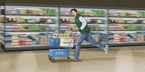 Man pushing shopping cart in supermarket aisle by Björn von Schlippe