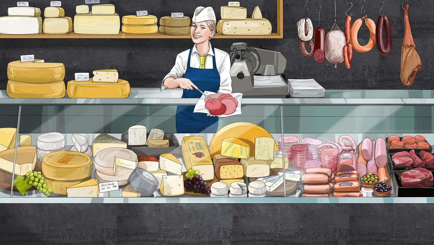 Shop counter displaying assorted cheeses and meats with employee smiling, by Björn von Schlippe