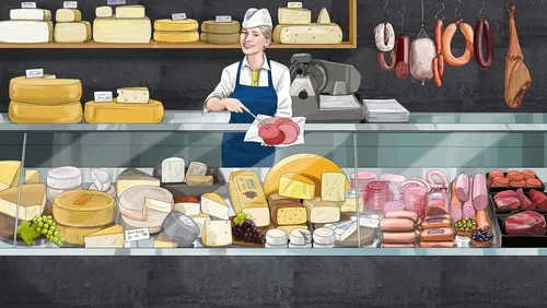 Shop counter displaying assorted cheeses and meats with employee smiling, by Björn von Schlippe