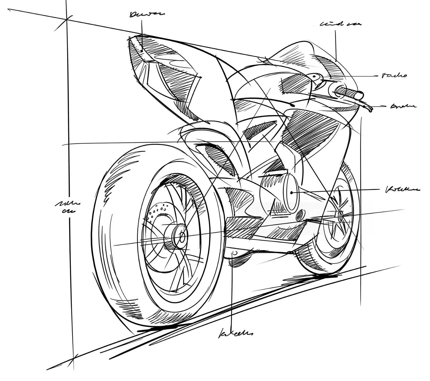 Technical sketch of futuristic motorcycle with labels by Björn von Schlippe