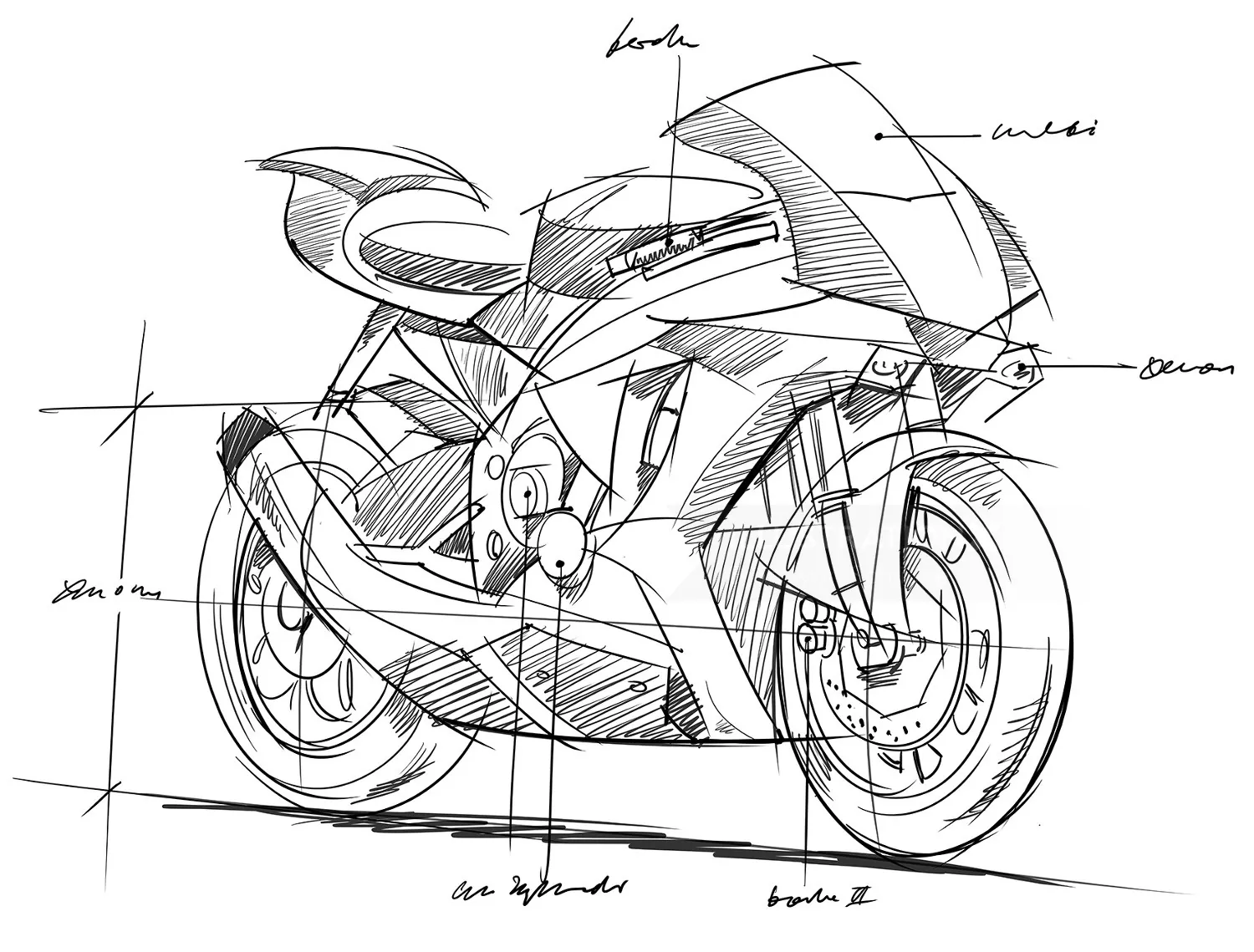 Pencil sketch of futuristic motorcycle with technical notes by Björn von Schlippe