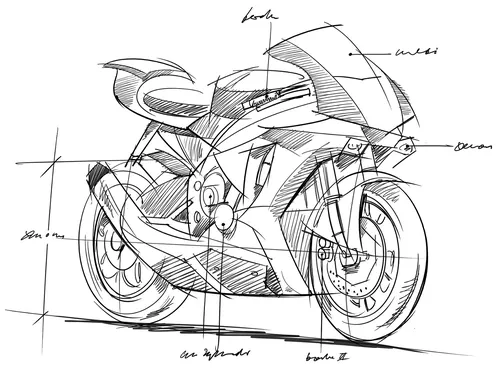 Pencil sketch of futuristic motorcycle with technical notes by Björn von Schlippe