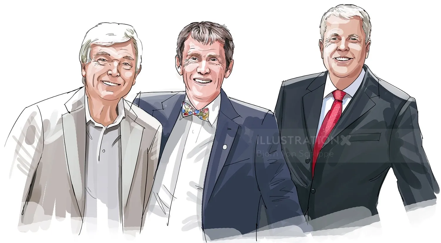 Illustration of three men in formal attire by Björn von Schlippe