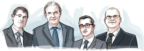 Digital portrait of four men in suits and glasses by Björn von Schlippe