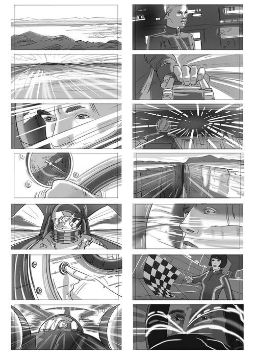 Black and white racing comic panels by Björn von Schlippe