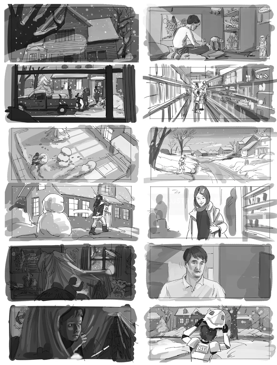 Storyboard sketches showing diverse scenes with characters by Björn von Schlippe
