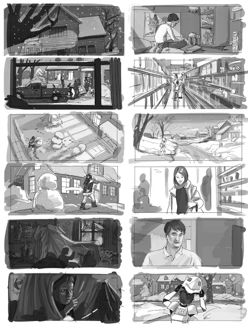 Storyboard sketches showing diverse scenes with characters by Björn von Schlippe