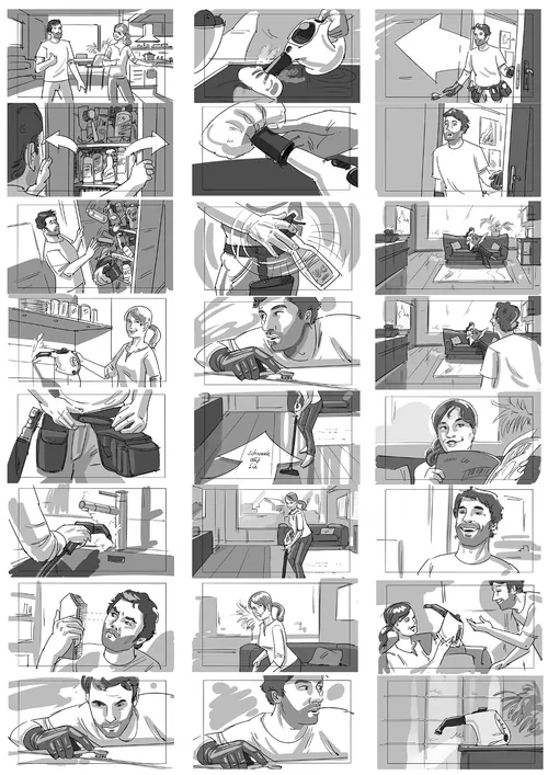 Black and white comic strip panels showing various indoor scenes and interactions by Björn von Schl