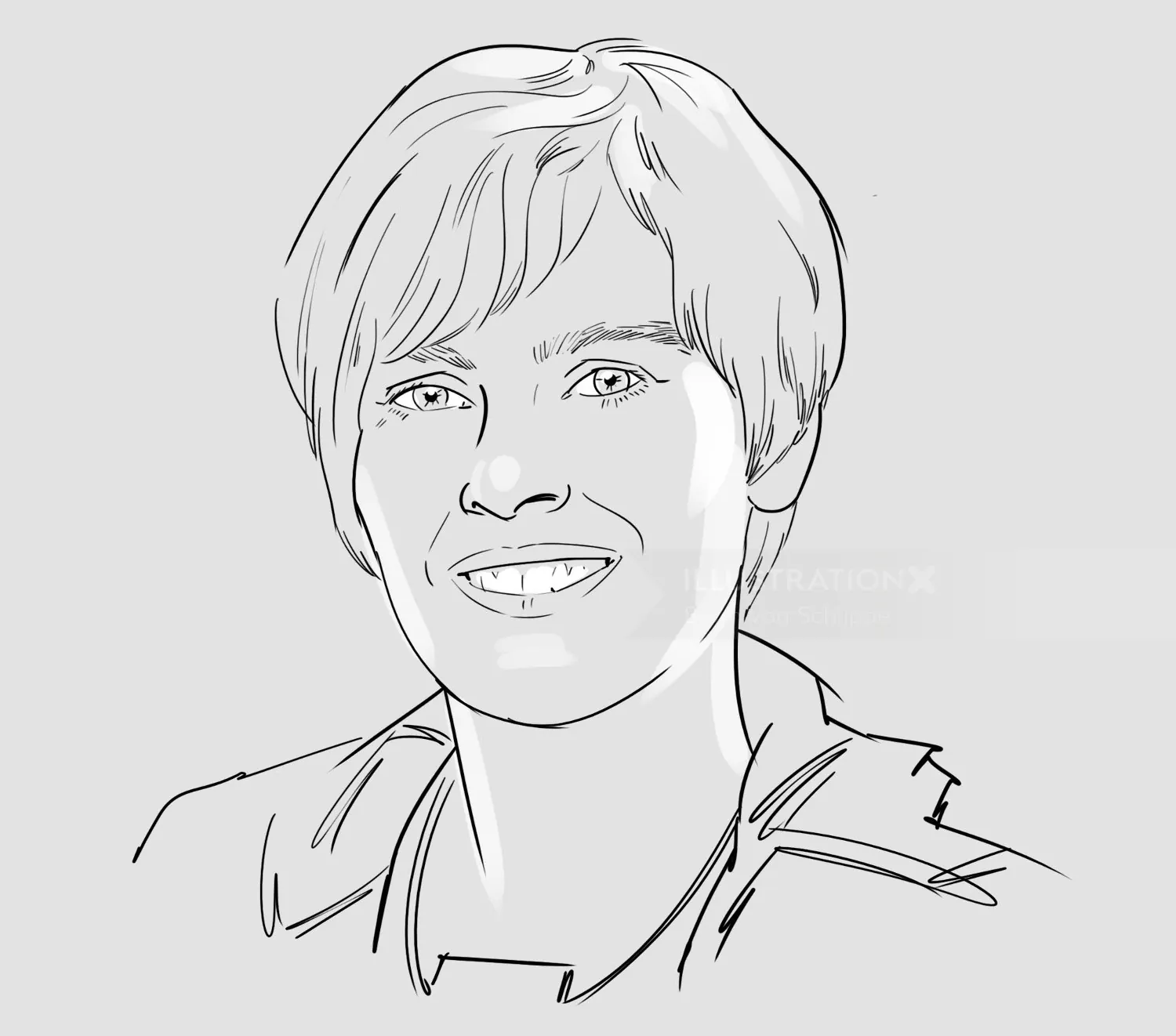 Black and white portrait drawing of a smiling person by Björn von Schlippe