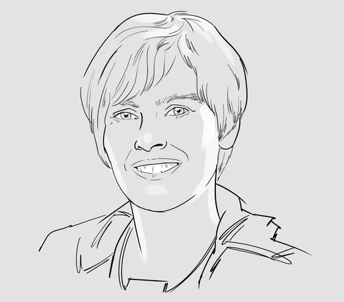 Black and white portrait drawing of a smiling person by Björn von Schlippe