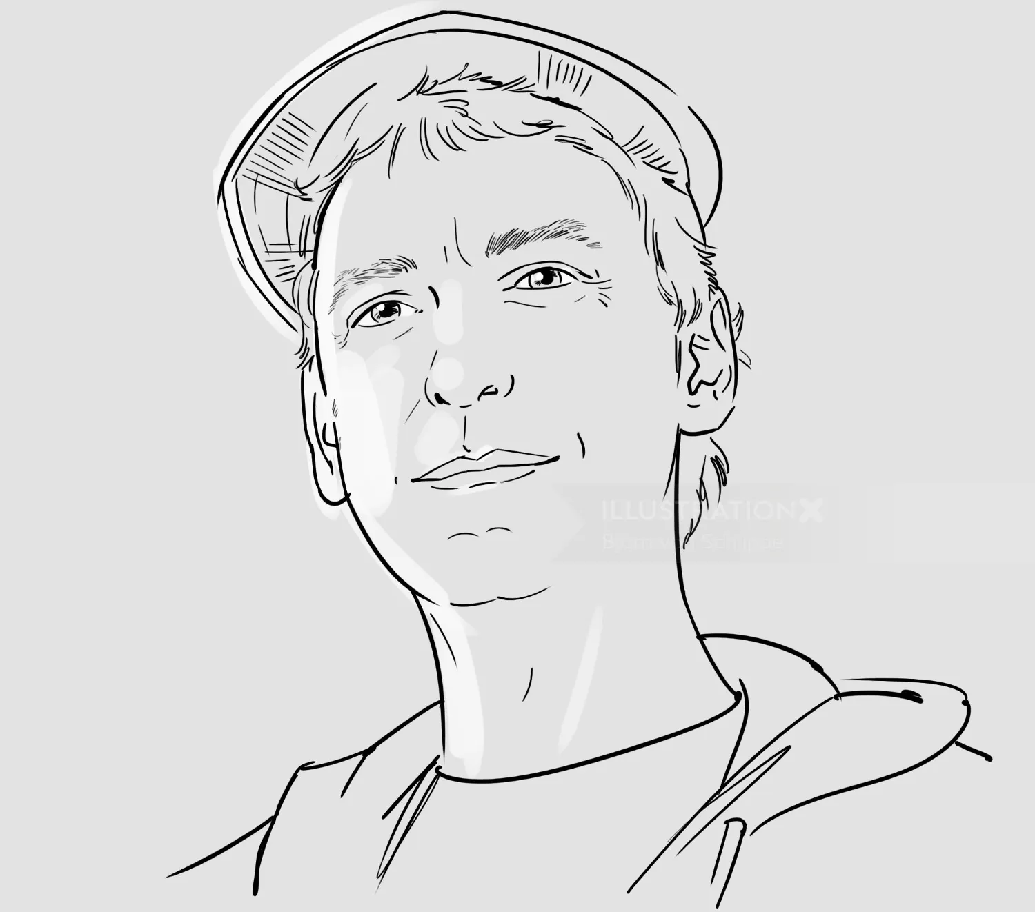 Black and white line drawing portrait of a man wearing a hat and hoodie by Björn von Schlippe