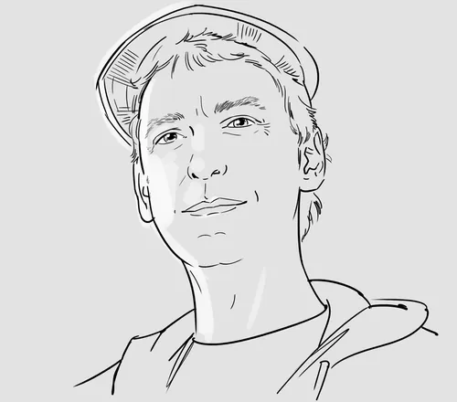 Black and white line drawing portrait of a man wearing a hat and hoodie by Björn von Schlippe