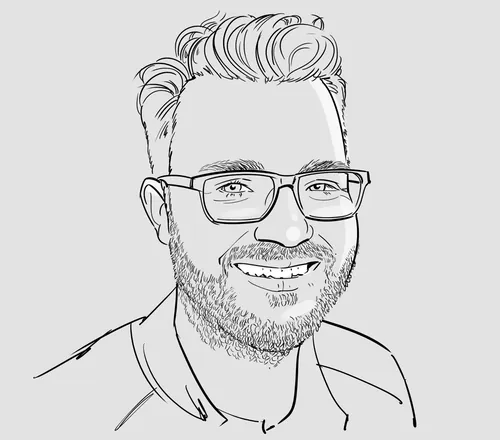 Digital portrait of a smiling man with glasses by Björn von Schlippe