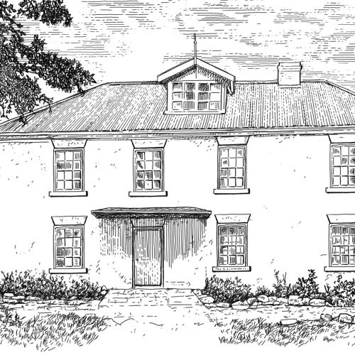 Black and white illustration of architecture house