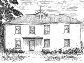 Ilustração a preto e branco da casa de arquitetura