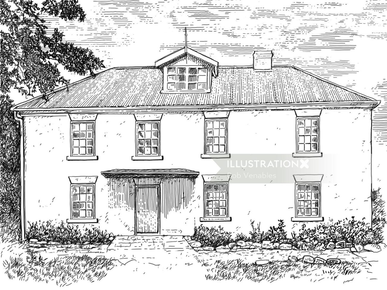 Ilustração em preto e branco de uma casa de arquitetura