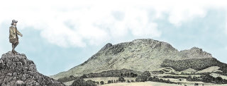 Arte grabado en madera del hombre parado en la cima de la colina