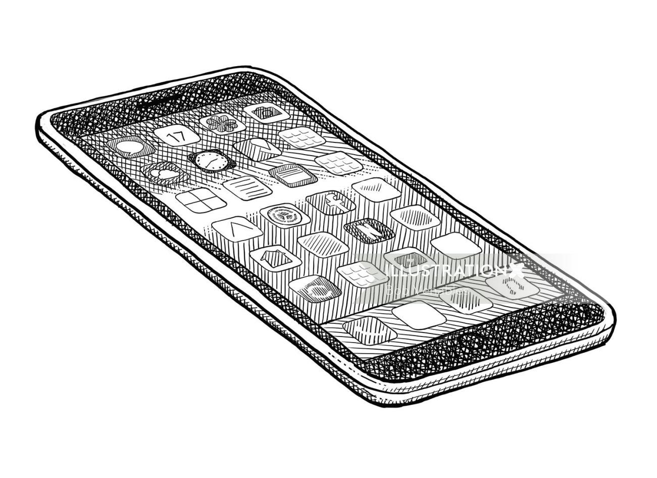 Ilustração em preto e branco da tela do celular