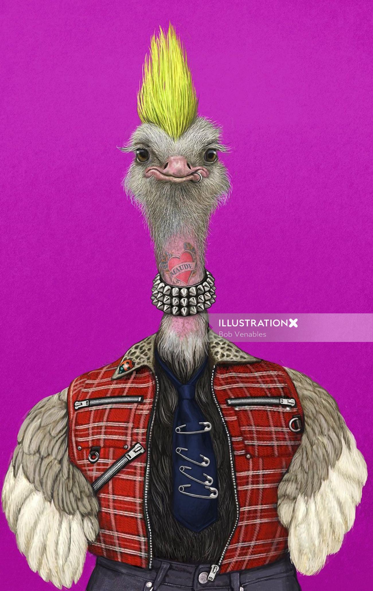 Portrait of anthropomorphic animals Ostrich 