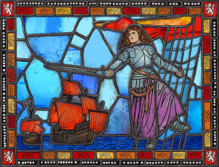 历史故事是关于 Jeanne de Clisson 在彩色窗玻璃上
