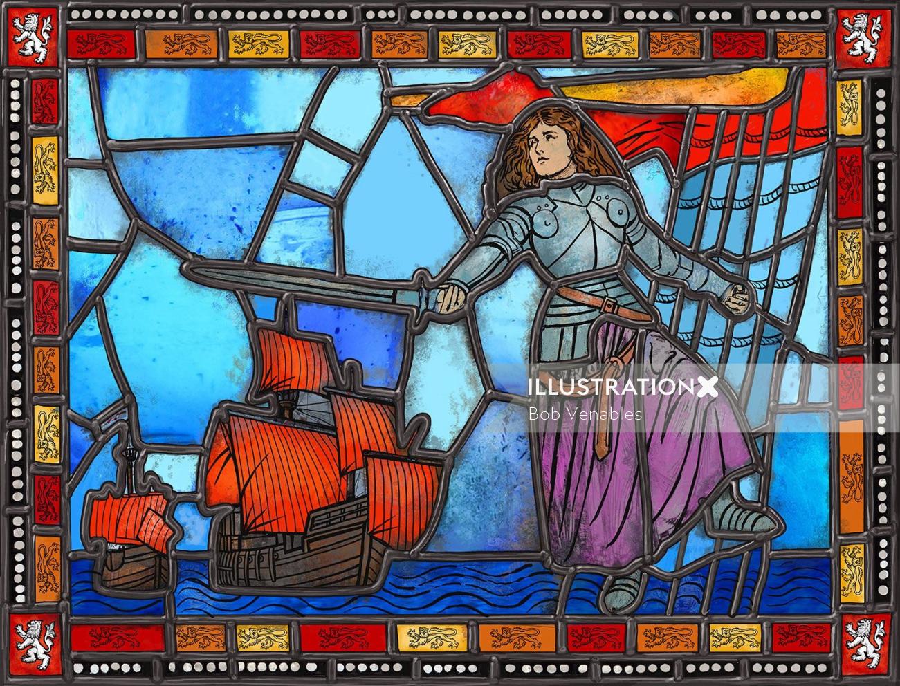 A história histórica é sobre Jeanne de Clisson em vitrais