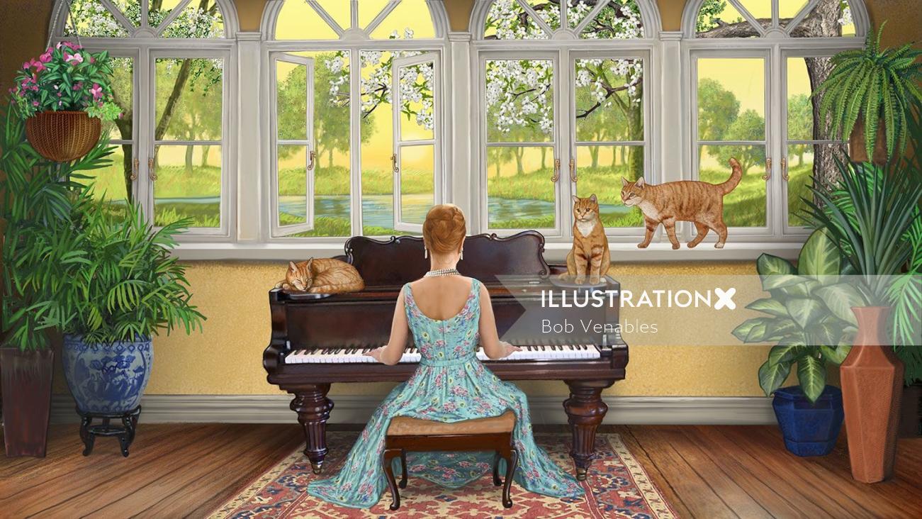 ピアノを弾く女性のデジタル絵画