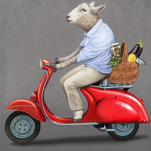 Anthropomorphic Animal Goat riding scooter 