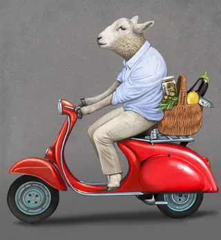 Anthropomorphic Animal Goat riding scooter 