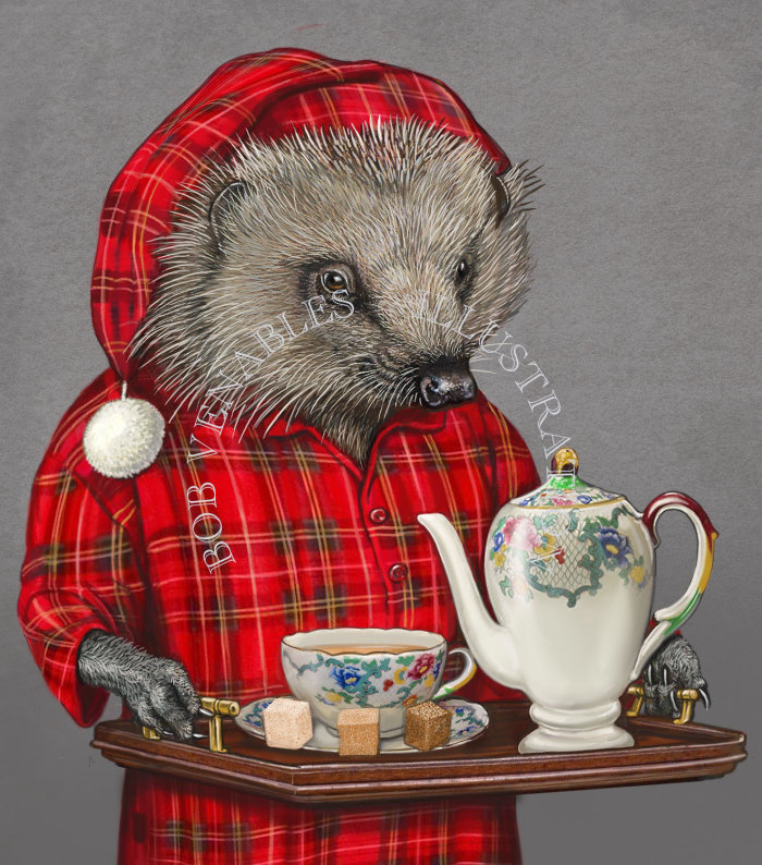 Anthropomorphic illustration of Hedgehog serving tea