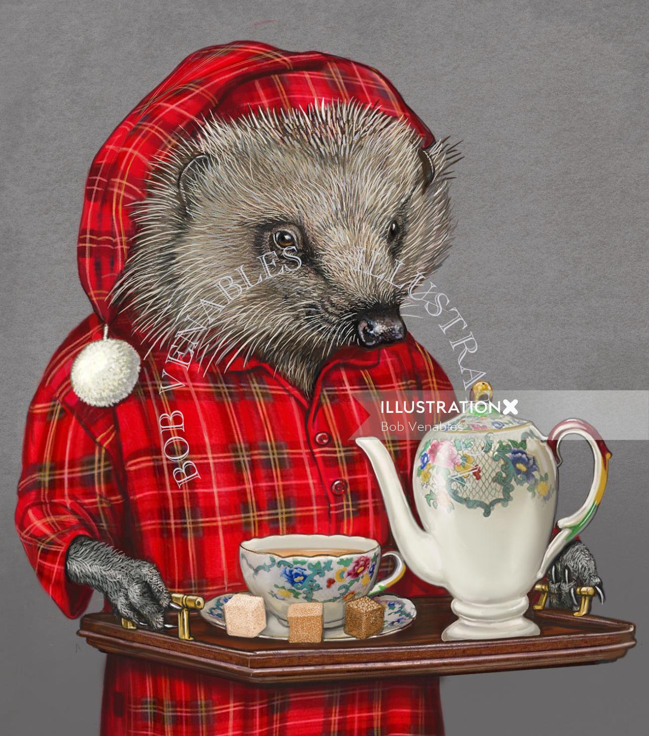 Ilustração antropomórfica de Ouriço servindo chá