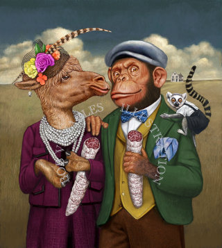 Arte humorístico de pareja de animales antropomorfos.