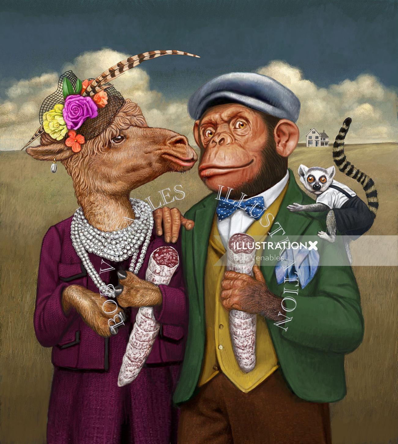 Arte humorística casal de animais antropomórficos