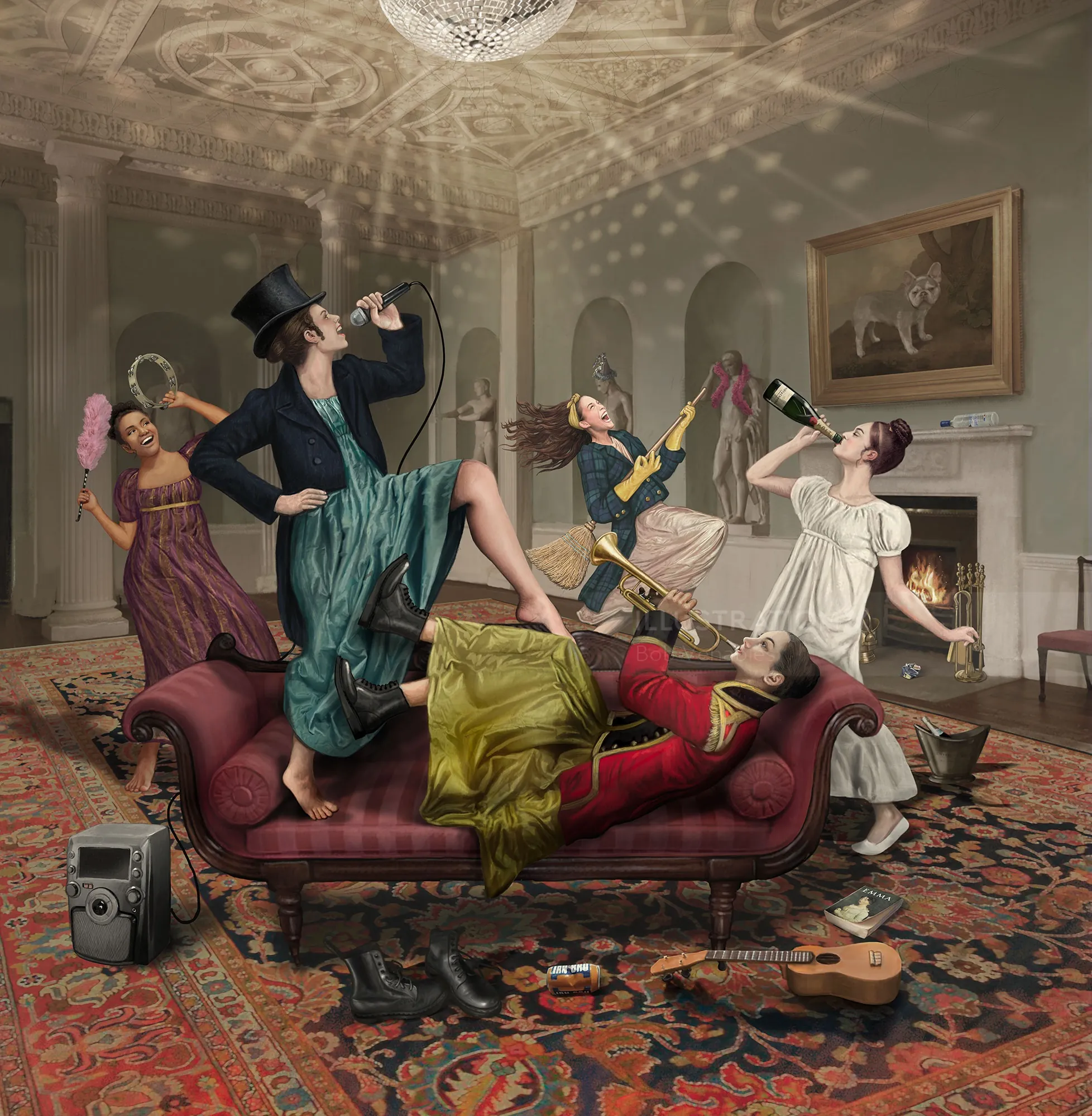 Vintage party scene with women in historical dresses drinking and playing music by Bob Venables