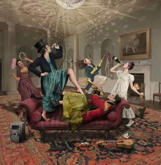 Vintage party scene with women in historical dresses drinking and playing music by Bob Venables
