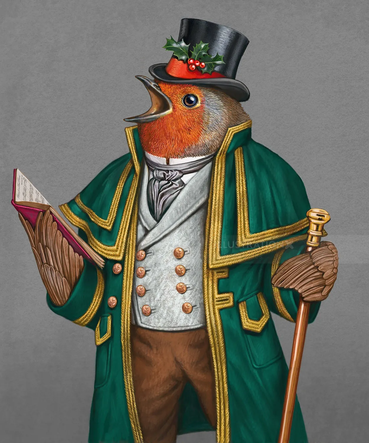 Detailed illustration of a robin dressed as a Victorian gentleman by Bob Venables