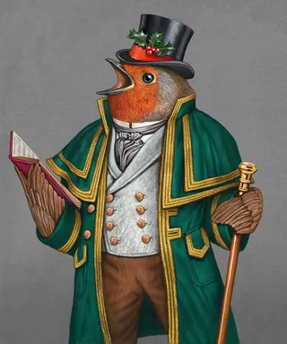 Detailed illustration of a robin dressed as a Victorian gentleman by Bob Venables