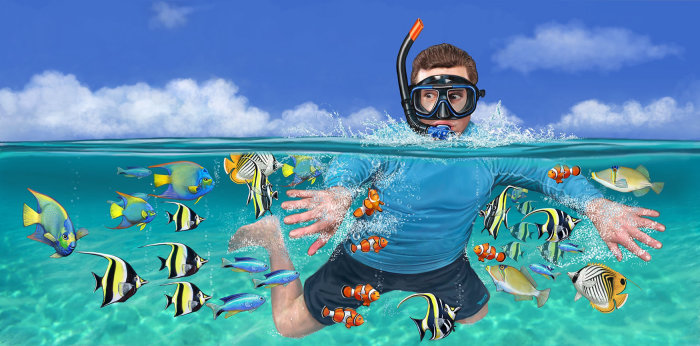 Tropical illustration of scuba diving