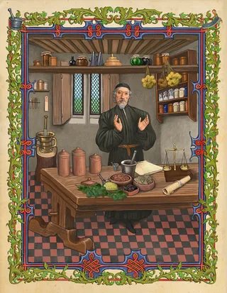 Medieval apothecary in workshop with jars and herbs by Bob Venables