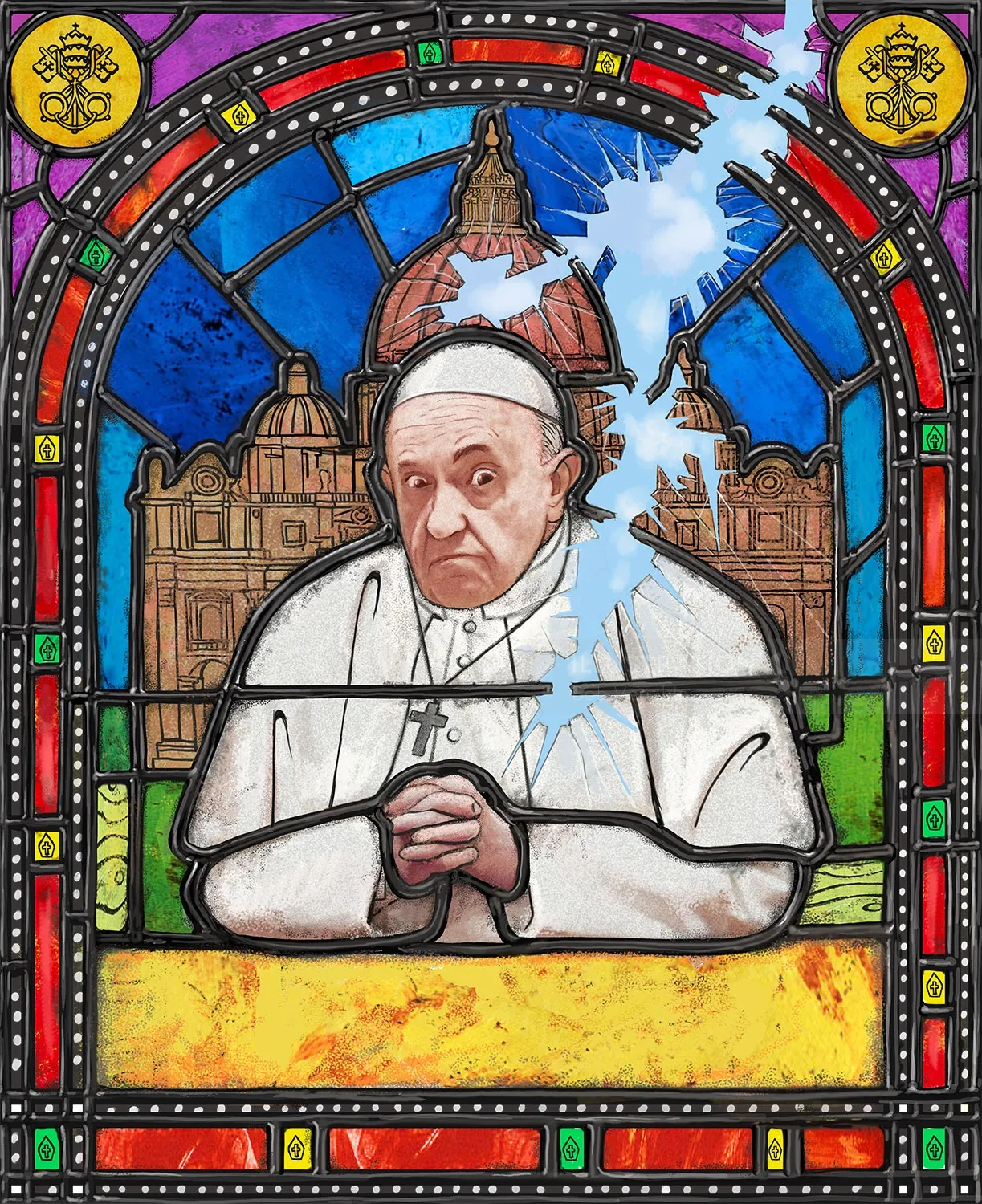 Stained glass of Pope Francis with St. Peter's Basilica by Bob Venables